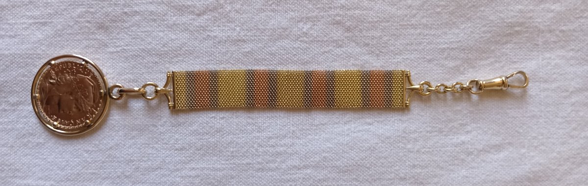 Watch Chain, 18-karat Tri-color Gold: Yellow, Gray, And Rose, Featuring A 1912 "20 Francs Au Coq" Coin-photo-8