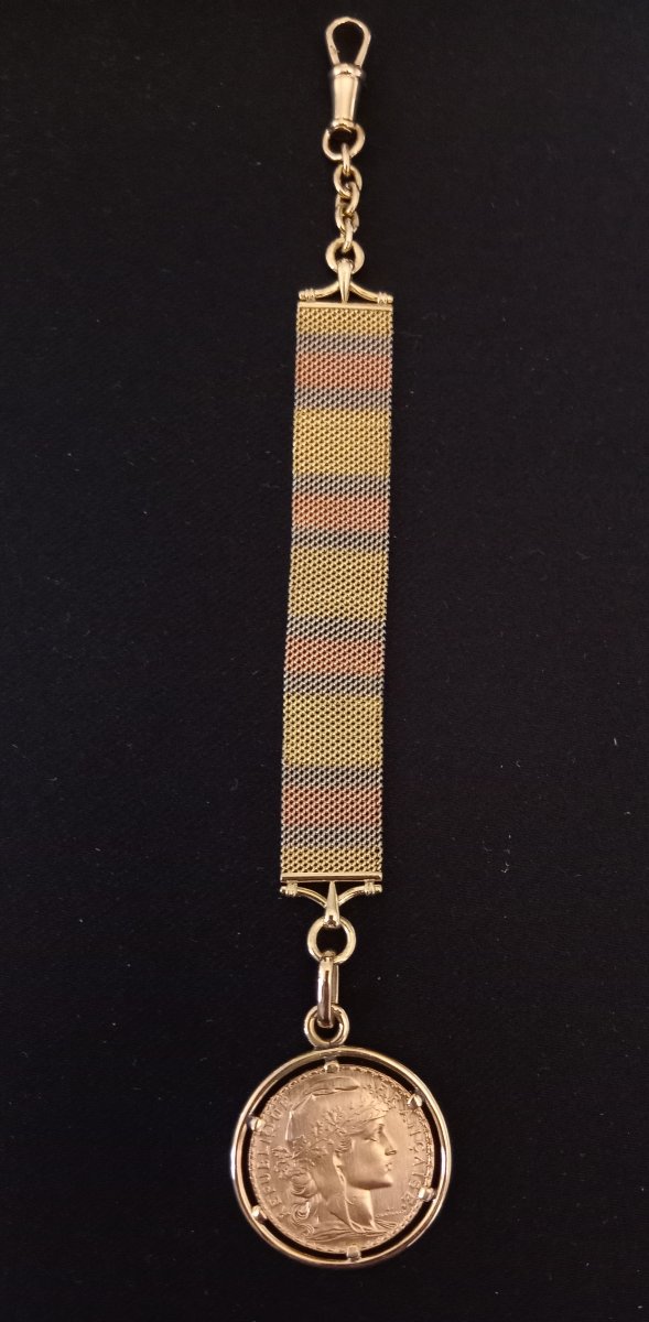 Watch Chain, 18-karat Tri-color Gold: Yellow, Gray, And Rose, Featuring A 1912 "20 Francs Au Coq" Coin