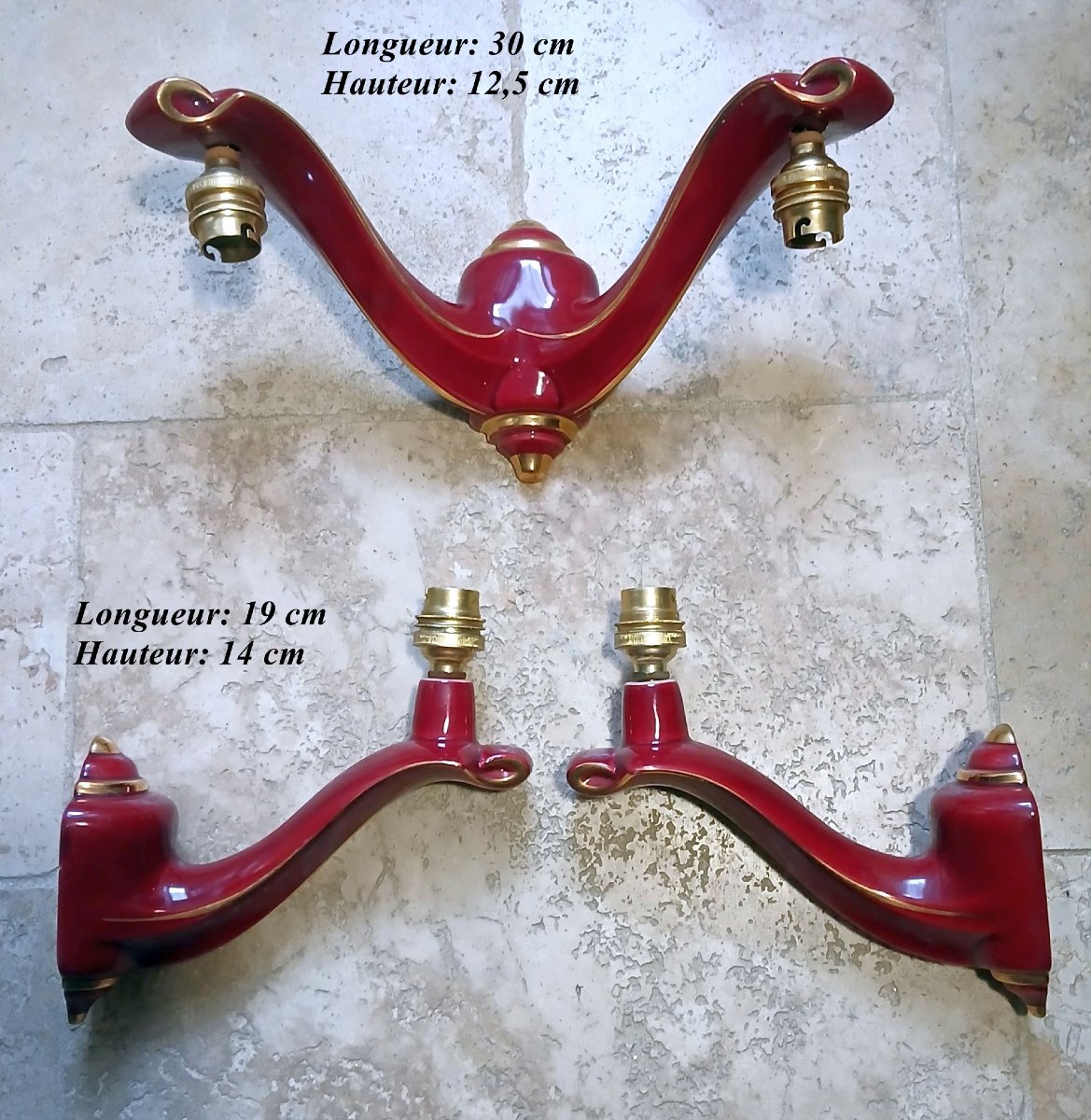 3 1970s Earthenware Wall Sconces, Accented With A Gold Trim.-photo-3