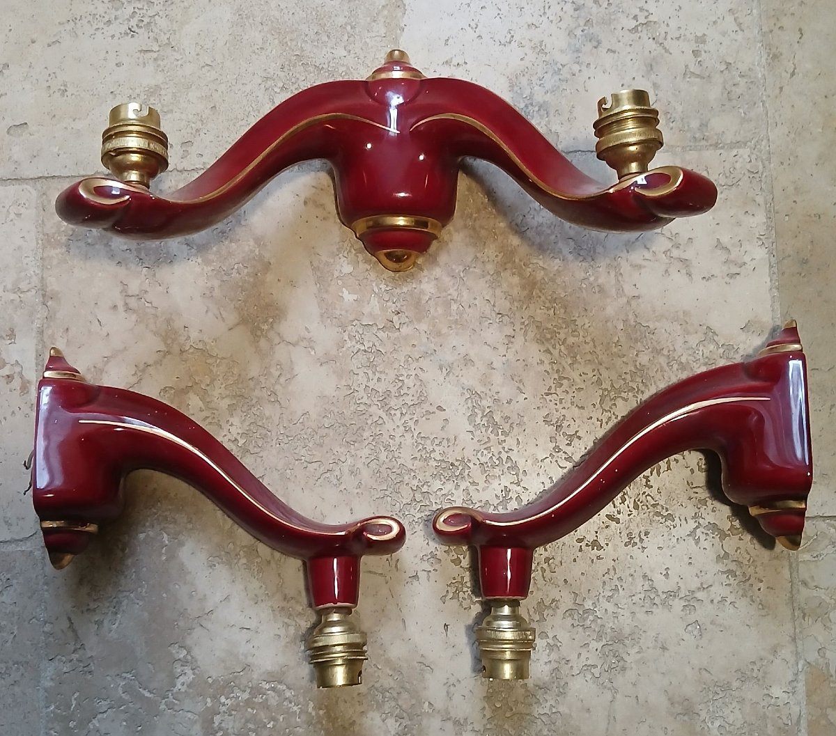 3 1970s Earthenware Wall Sconces, Accented With A Gold Trim.-photo-4