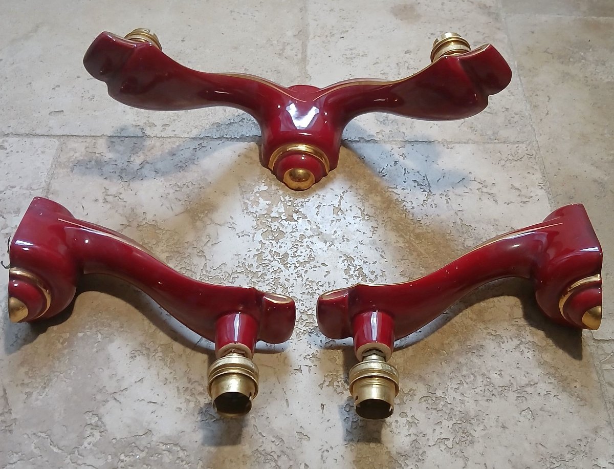 3 1970s Earthenware Wall Sconces, Accented With A Gold Trim.-photo-1
