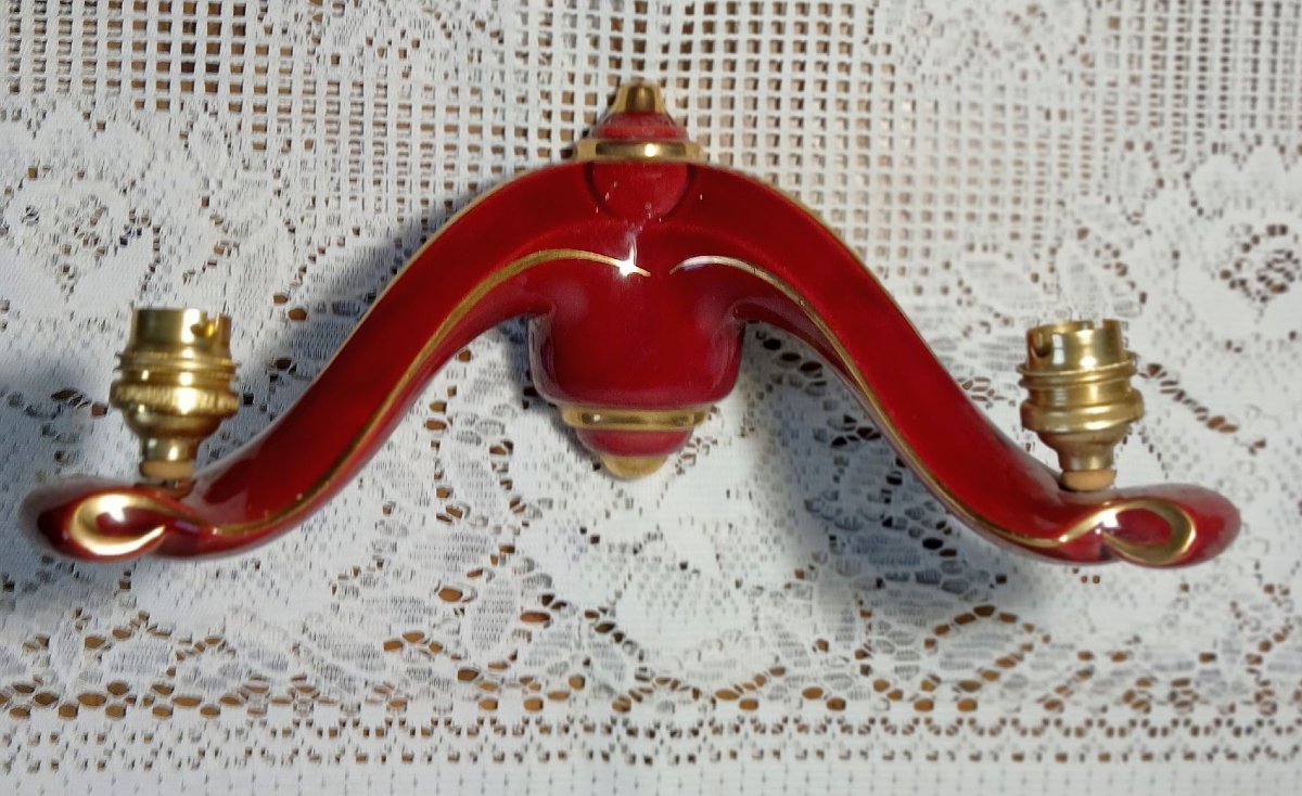 3 1970s Earthenware Wall Sconces, Accented With A Gold Trim.-photo-2