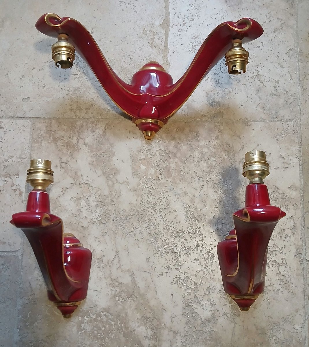 3 1970s Earthenware Wall Sconces, Accented With A Gold Trim.