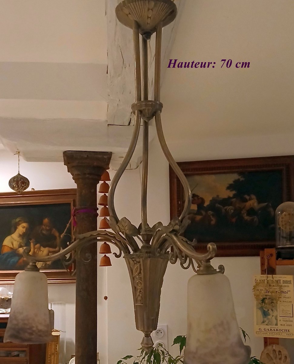 "art Deco" Chandelier With 3 Lights And Glass Paste Tulips.-photo-4