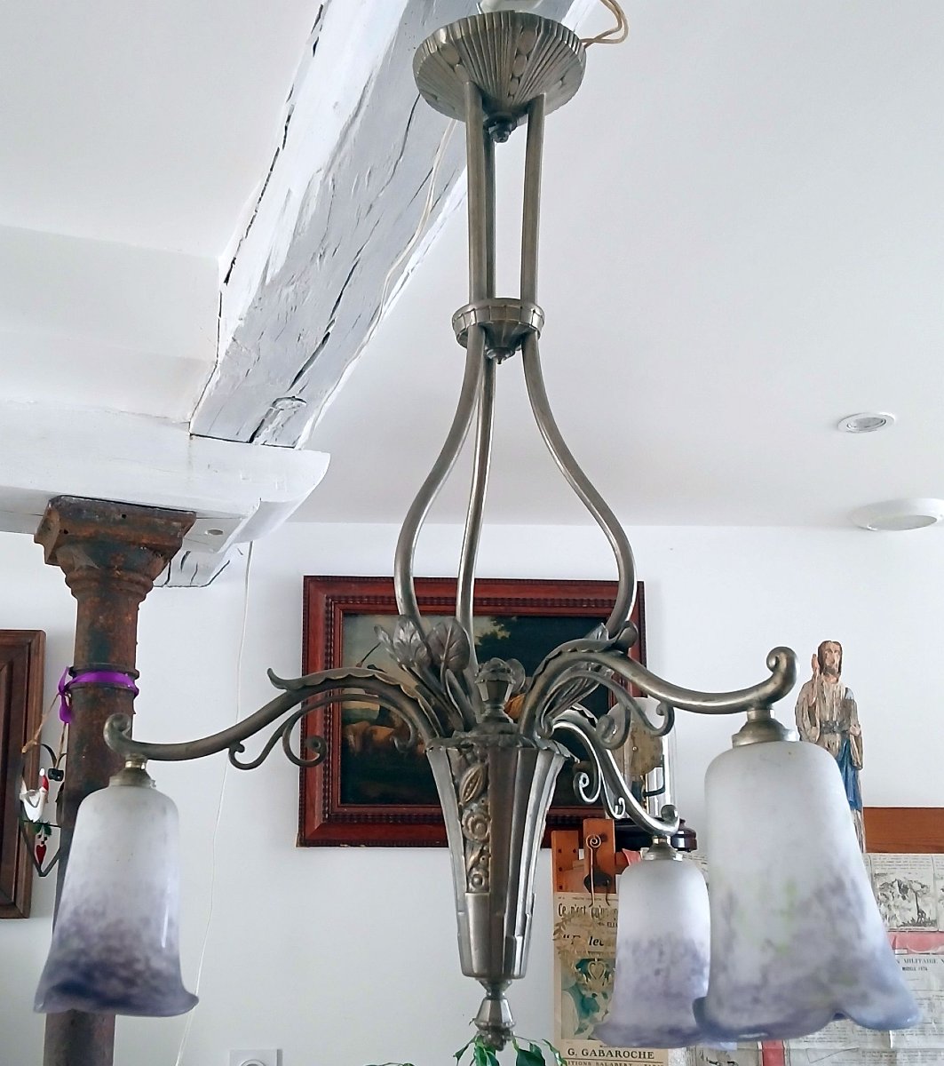 "art Deco" Chandelier With 3 Lights And Glass Paste Tulips.-photo-2