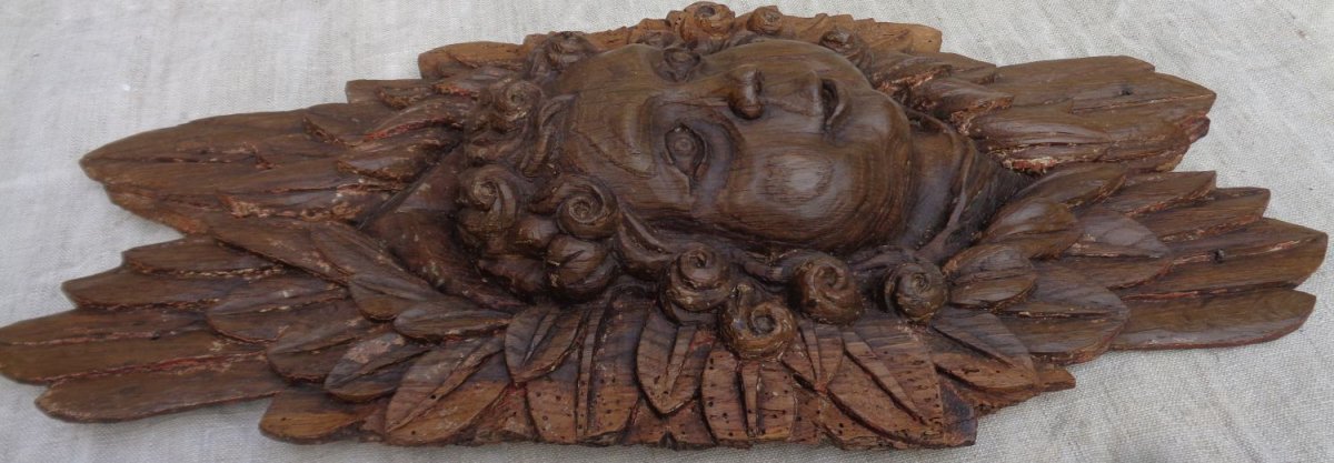 (b) Angel Head In Oak Paneling. Burgundy XVII Th.-photo-1
