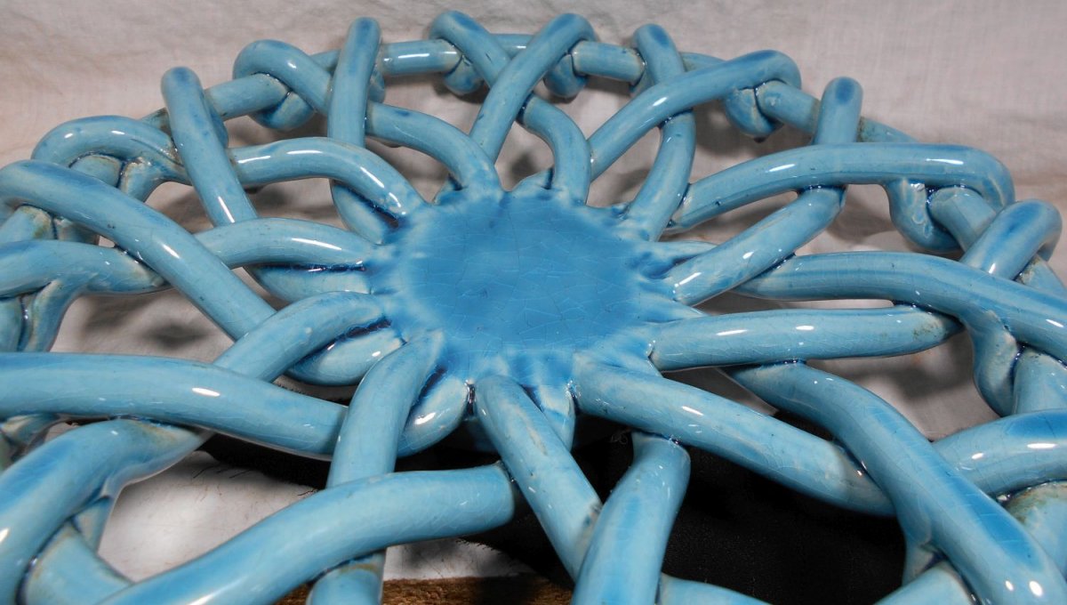 Corbeille à fruits, vintage, des poteries d'Accolay, montée au boudin. Bleu turquoise. -photo-4