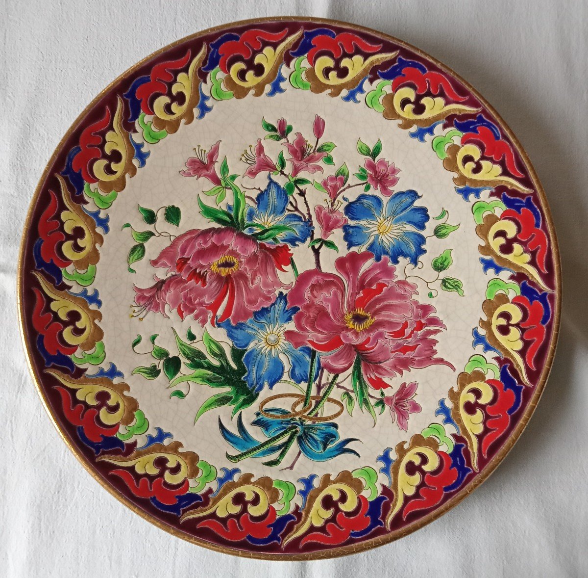 Longwy Enamel Dish Wedding Golden Wedding Anniversary 50 Years Decorated With Peonies And Alliances-photo-2