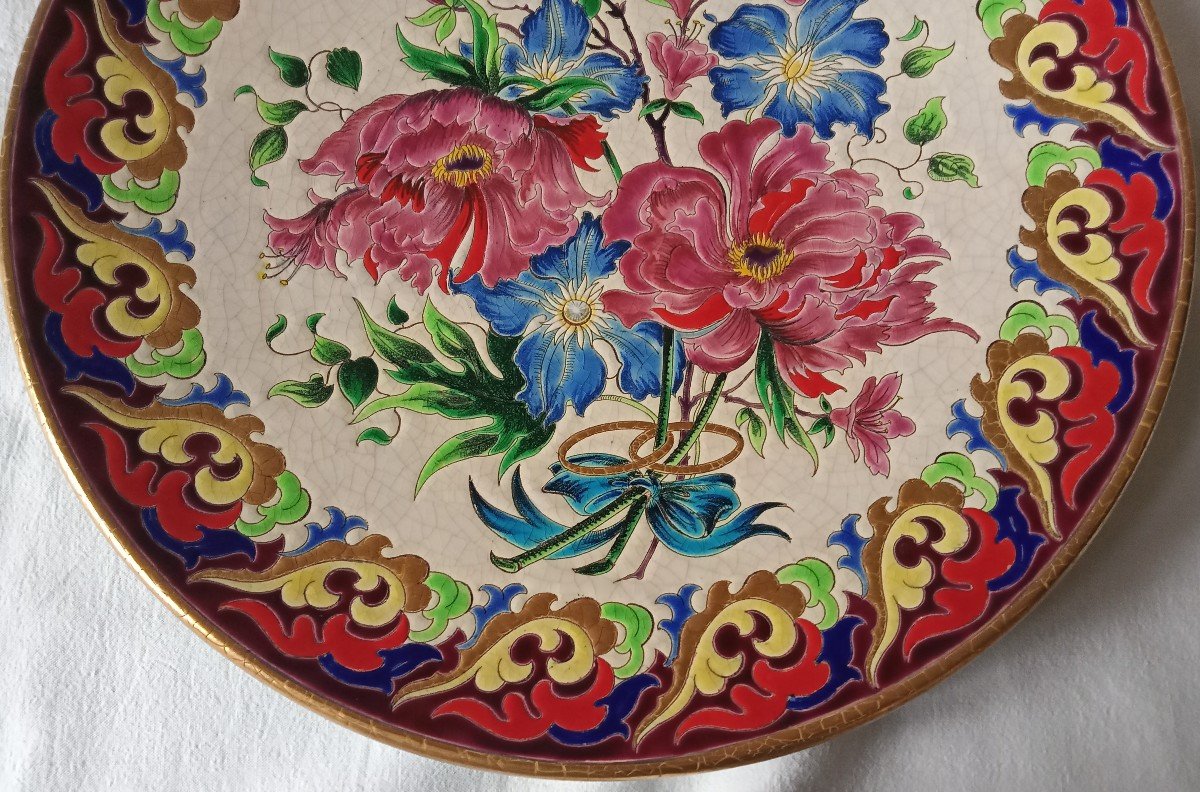 Longwy Enamel Dish Wedding Golden Wedding Anniversary 50 Years Decorated With Peonies And Alliances-photo-4