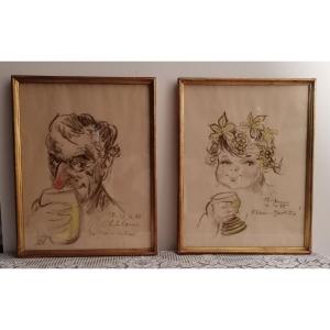 Duo Of Oenological Paintings In Grease Pencil On Paper.