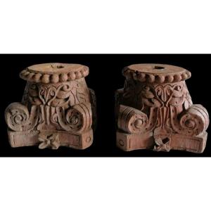 Pair Of Carved Wooden Capitals Or Bases 