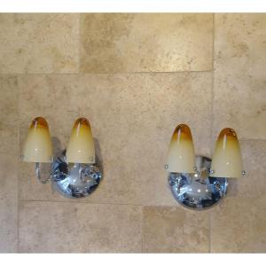 Appliques vintages en inox et pâte de verre. Circa 1970. (Italian design).