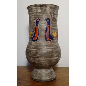 Accolay. Elie BARACHANT (1919-1993). Saint Cannat. Pichet à décor d’oiseaux émaillés Circa 1950