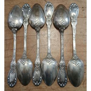 Cuillers en argent massif (6) ciselées de fleurs et feuillages