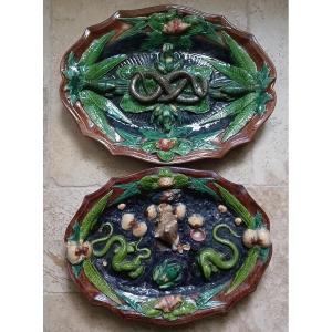 Barbotines. Paire de plats. Charles-Jean Avisseau, Alfred Renoleau ? 