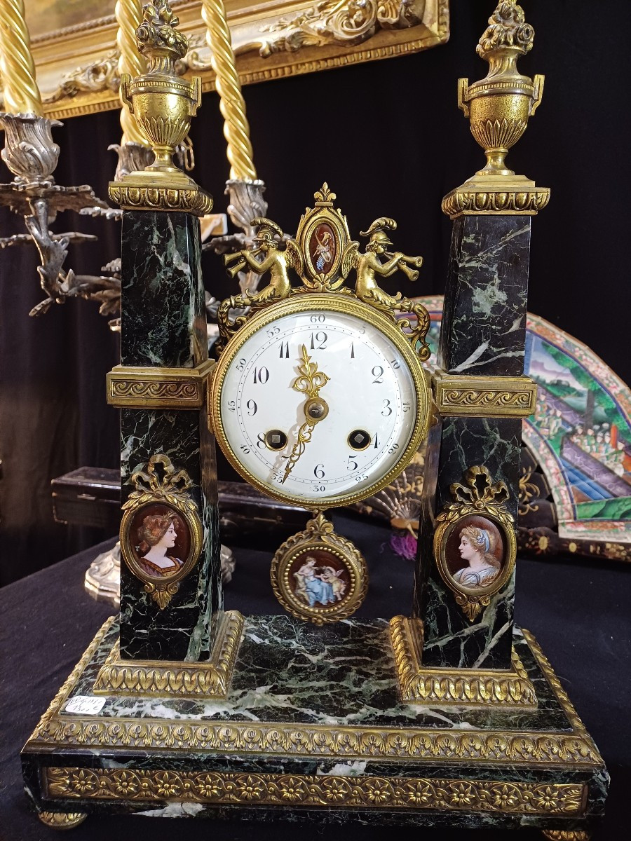 Clock With Two Candlesticks, Louis 16 Directoire Style (bronze, Marble And Enamels) -photo-2