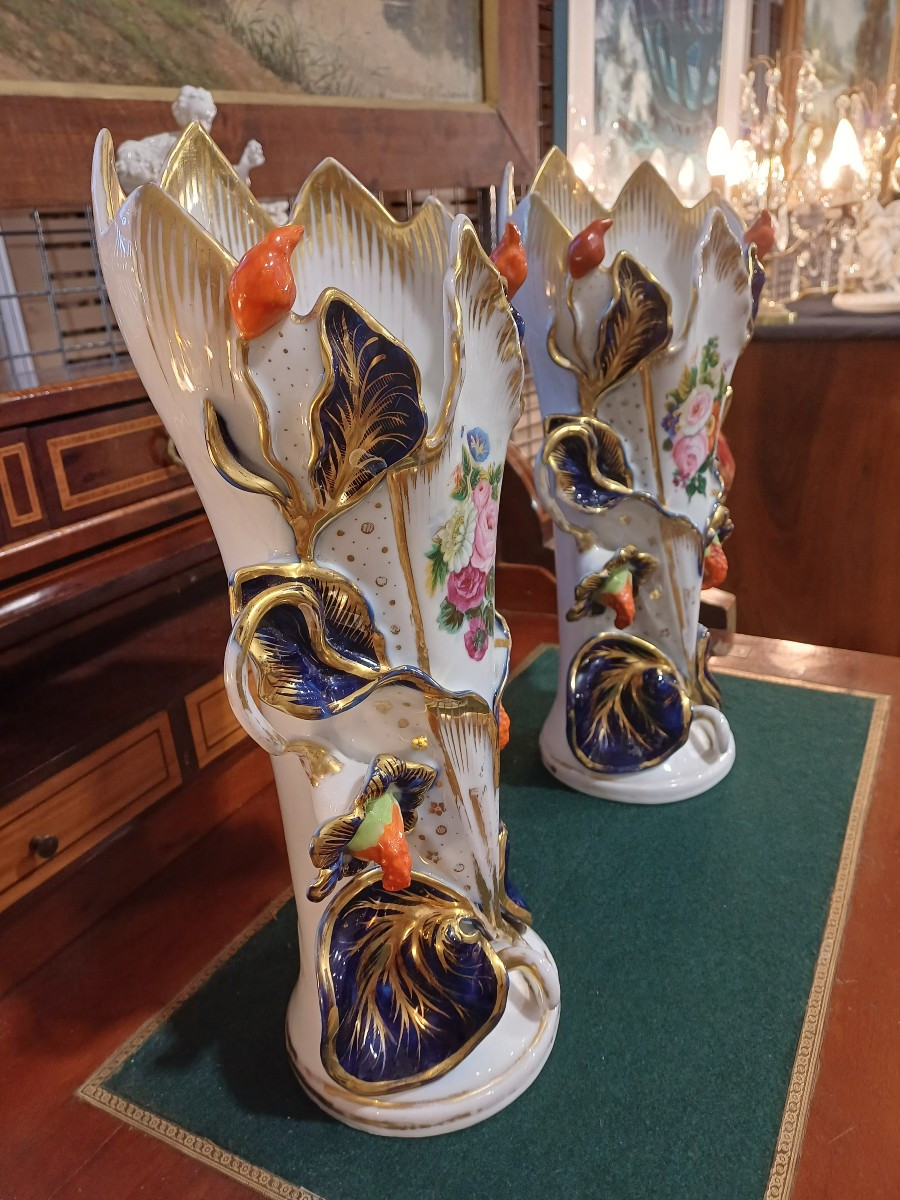 Pair Of Horn-shaped Porcelain Vases From The Southwest (valentine 31), Napoleon III Period -photo-4