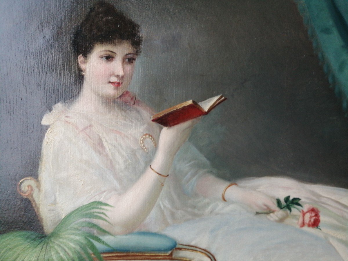 Élégante à La Lecture, Huile Sur Toile 1893-photo-2