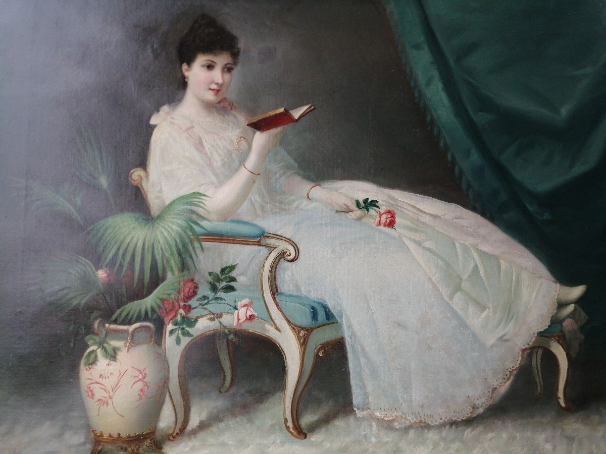 Élégante à La Lecture, Huile Sur Toile 1893