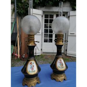 Paire De Lampes à Globes Porcelaine Et Bronze 19ème Napoléon 3