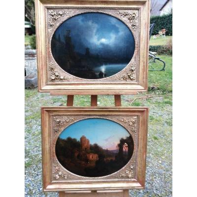 Paire De Paysage Romantiques  (huile Sur Toile) 