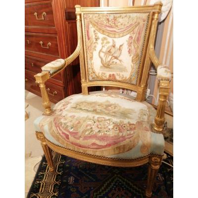 Paire De Cabriolet Bois Doré, Tapisseries De Beauvais