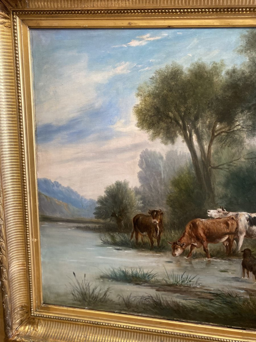 Grande Huile sur toile présentant un troupeau de vaches et son berger-photo-2