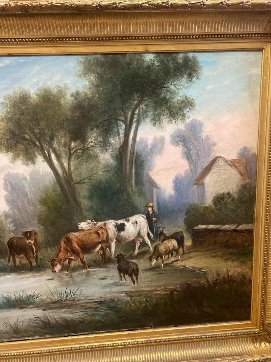 Grande Huile sur toile présentant un troupeau de vaches et son berger-photo-3