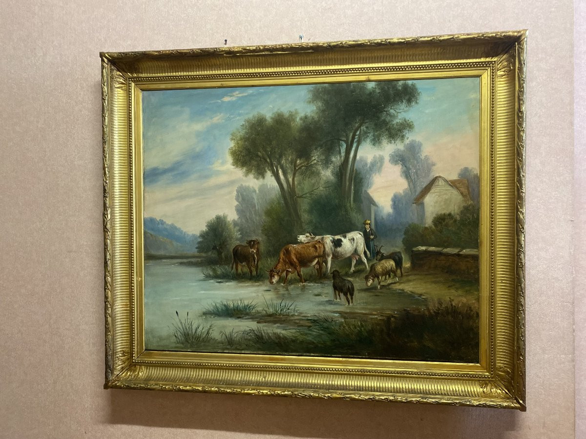 Grande Huile sur toile présentant un troupeau de vaches et son berger-photo-1
