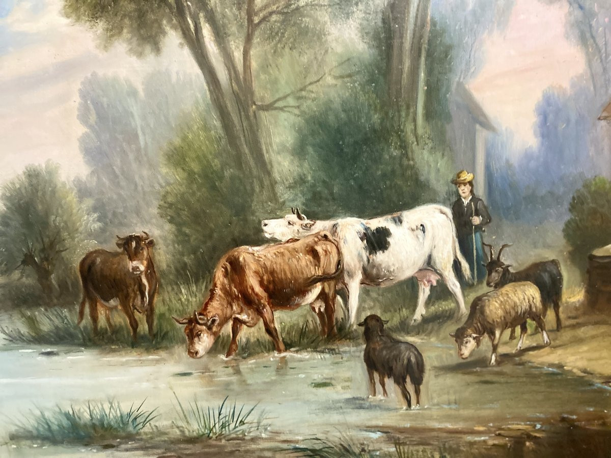 Grande Huile sur toile présentant un troupeau de vaches et son berger-photo-2