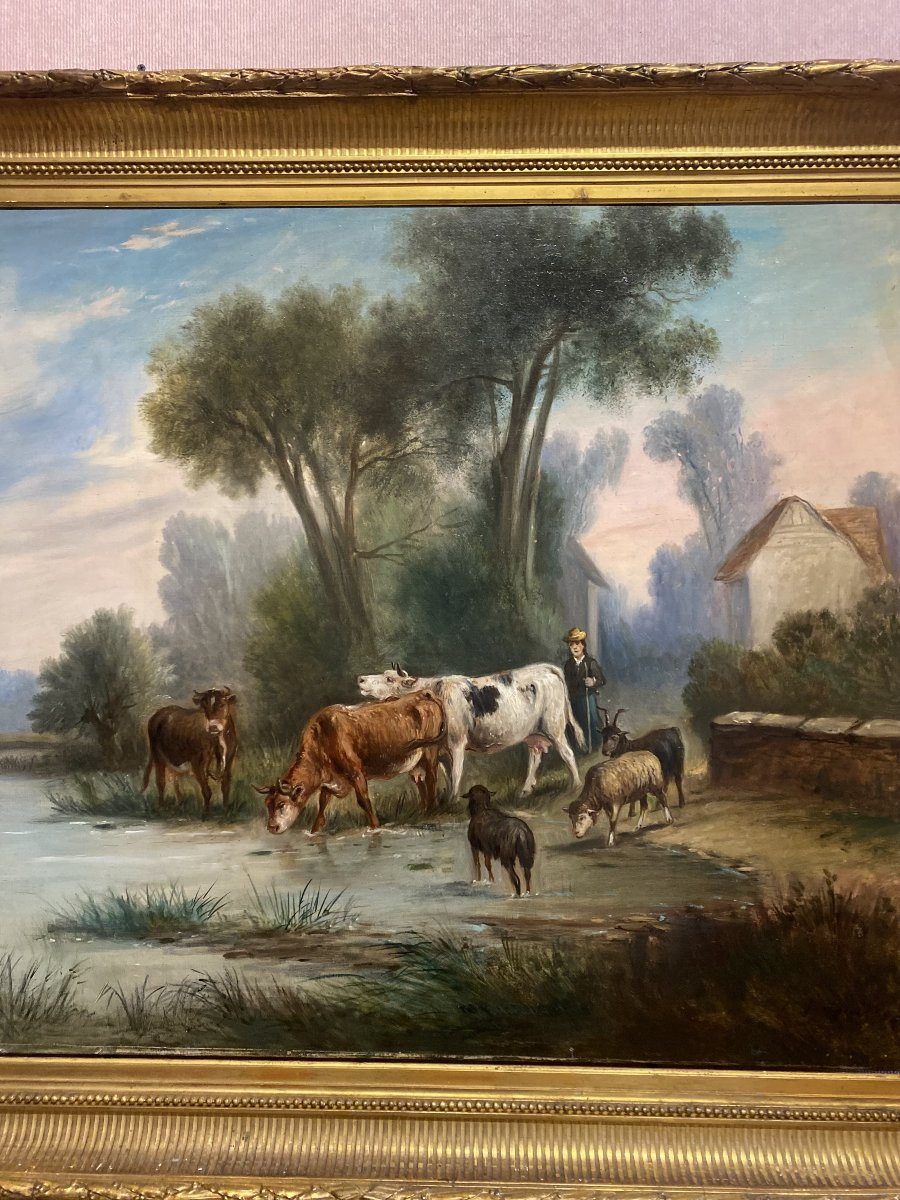 Grande Huile sur toile présentant un troupeau de vaches et son berger-photo-4