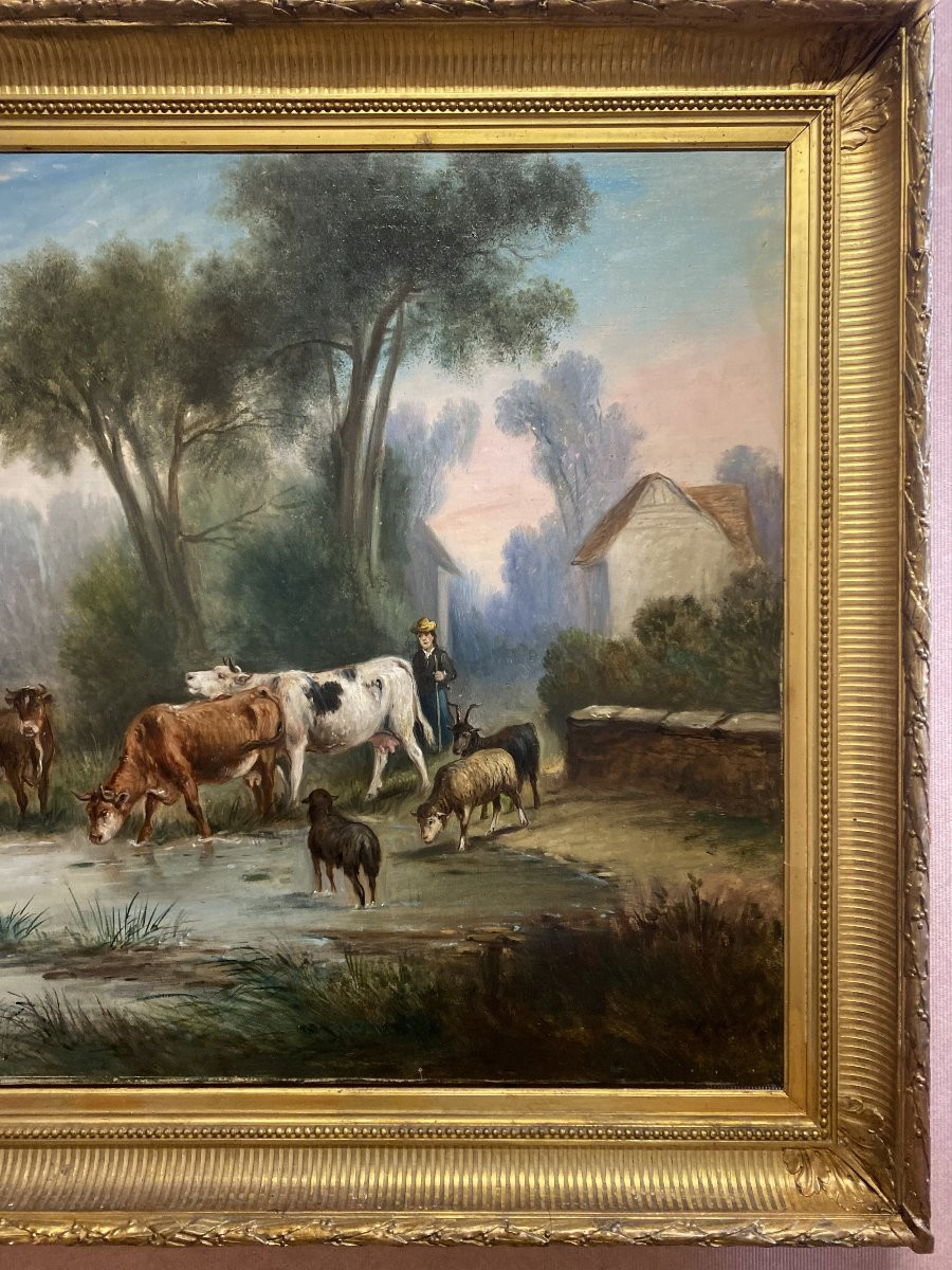 Grande Huile sur toile présentant un troupeau de vaches et son berger-photo-5