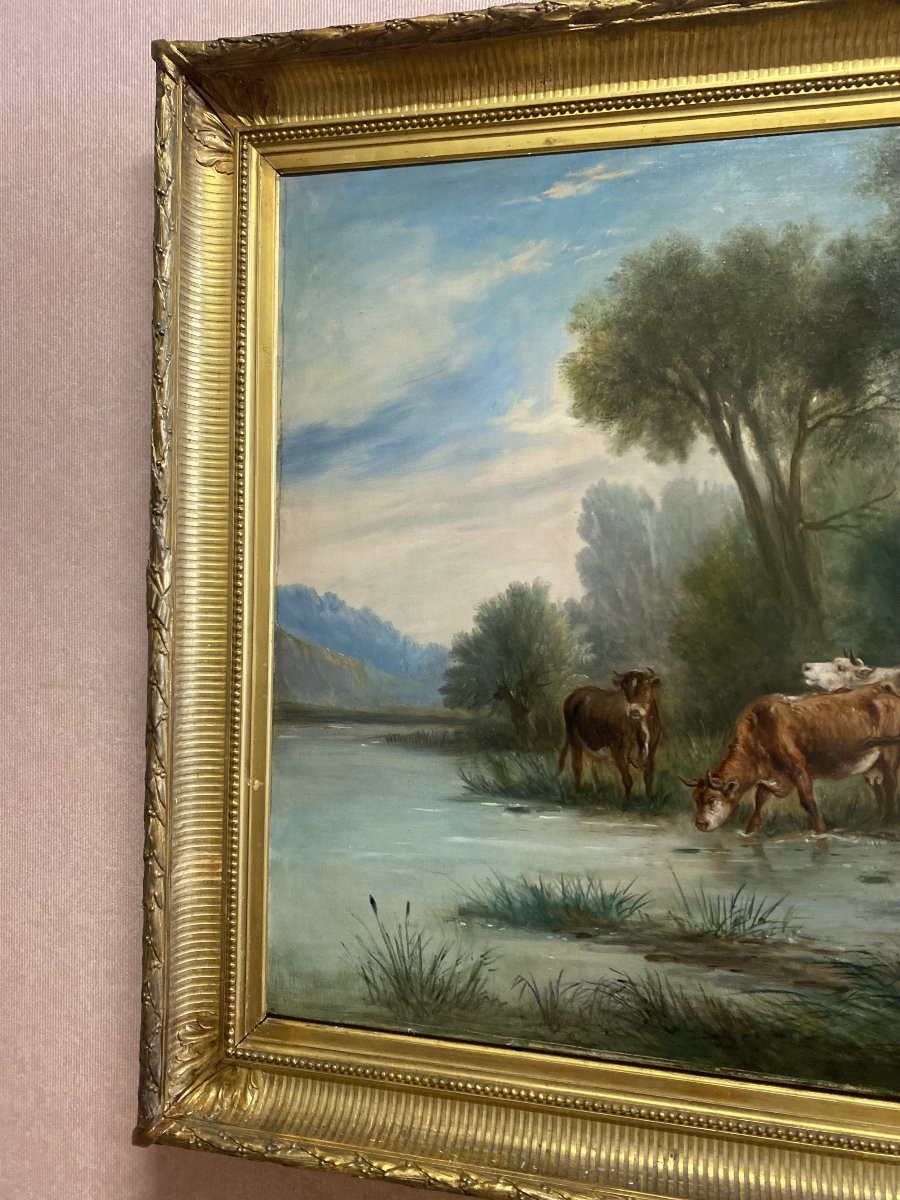 Grande Huile sur toile présentant un troupeau de vaches et son berger-photo-8