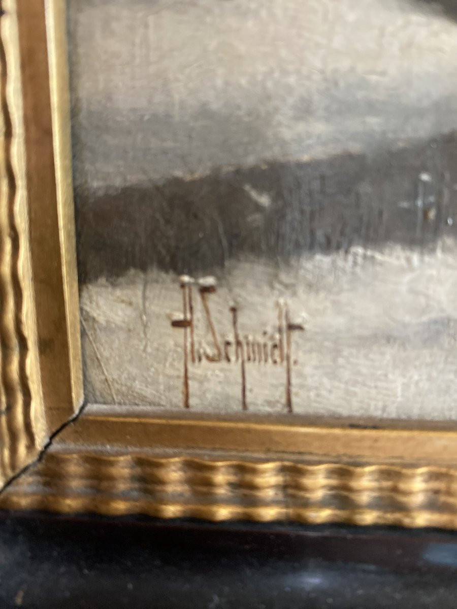 Huile sur panneau présentant une porteuse d'eau dans la neige-photo-2