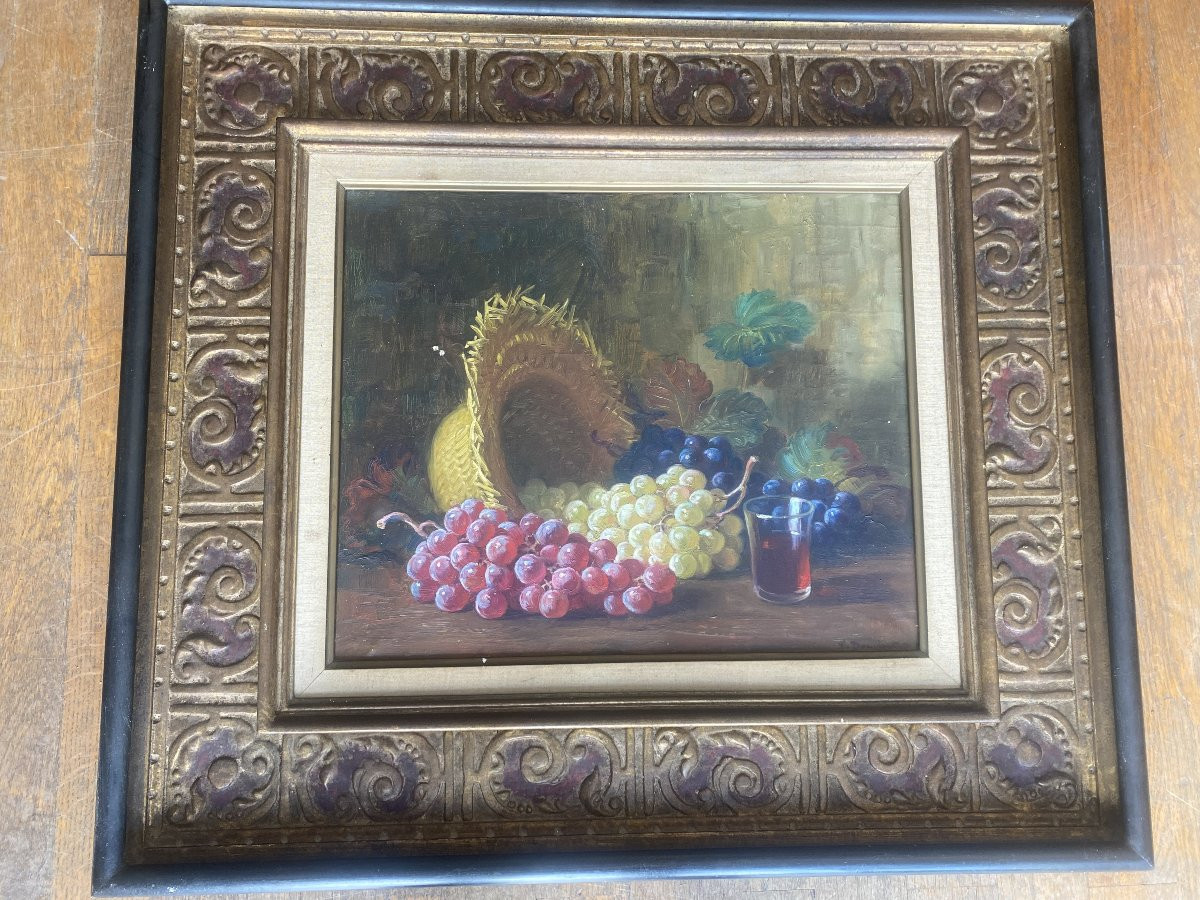 Huile sur toile signée Francisco Segura Domingo 1893-1974 " Nature morte aux raisins, chapeau "-photo-3