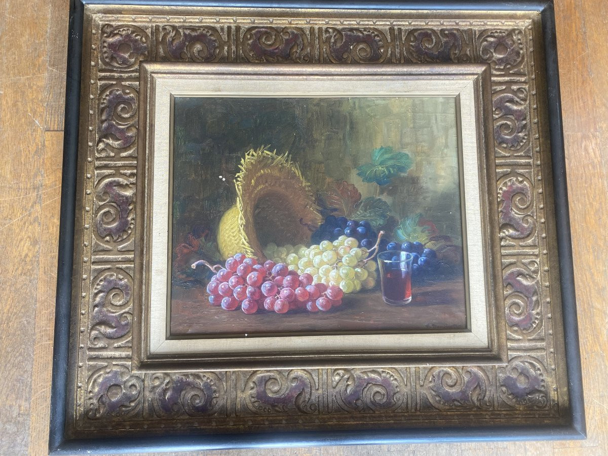 Huile sur toile signée Francisco Segura Domingo 1893-1974 " Nature morte aux raisins, chapeau "-photo-4