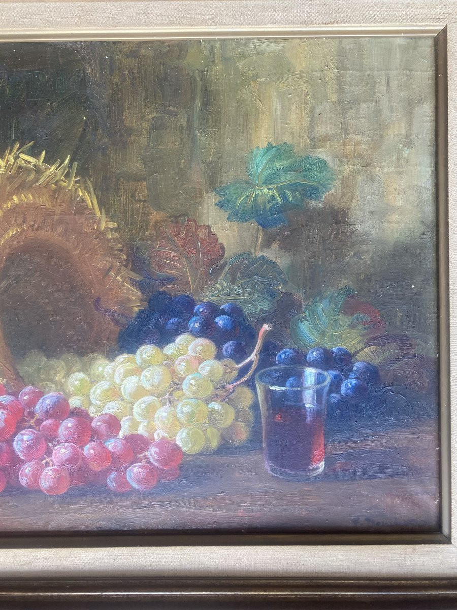 Huile sur toile signée Francisco Segura Domingo 1893-1974 " Nature morte aux raisins, chapeau "-photo-5