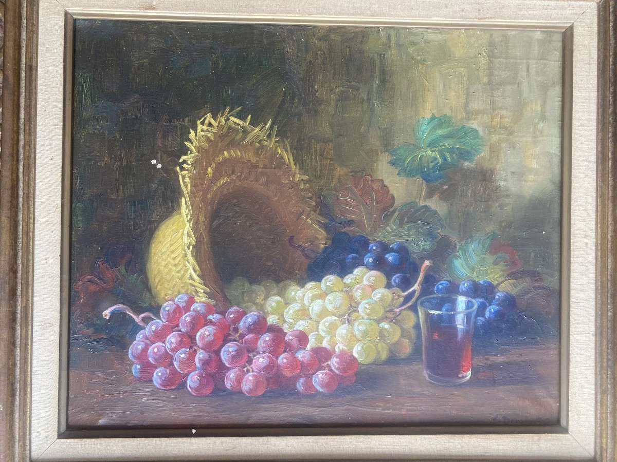 Huile sur toile signée Francisco Segura Domingo 1893-1974 " Nature morte aux raisins, chapeau "