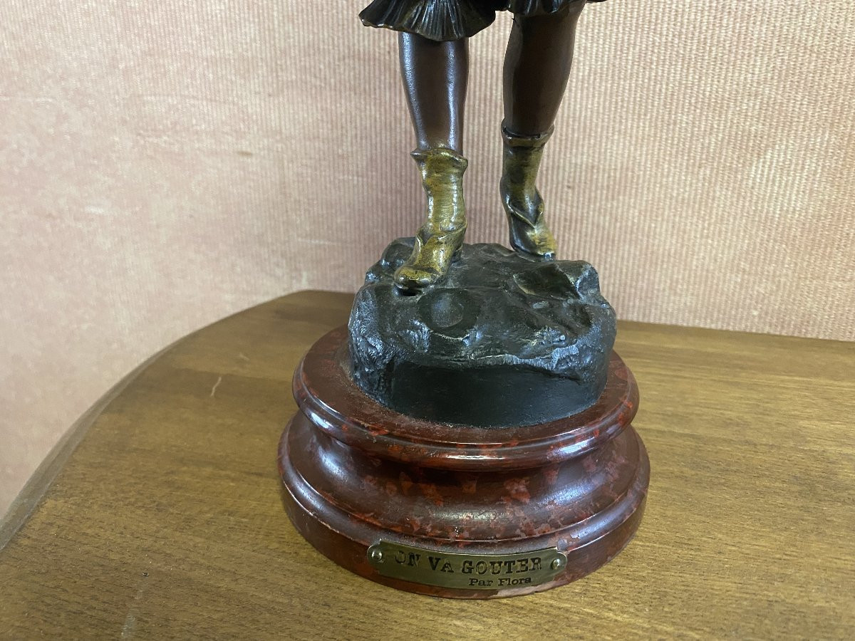 Statue In Spelter "we're Going To Taste" Signed Flora-photo-3
