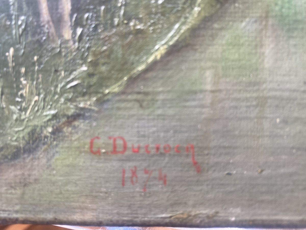 Huile sur toile, cours d'eau en sous bois, signé Ducrocq 1874-photo-2