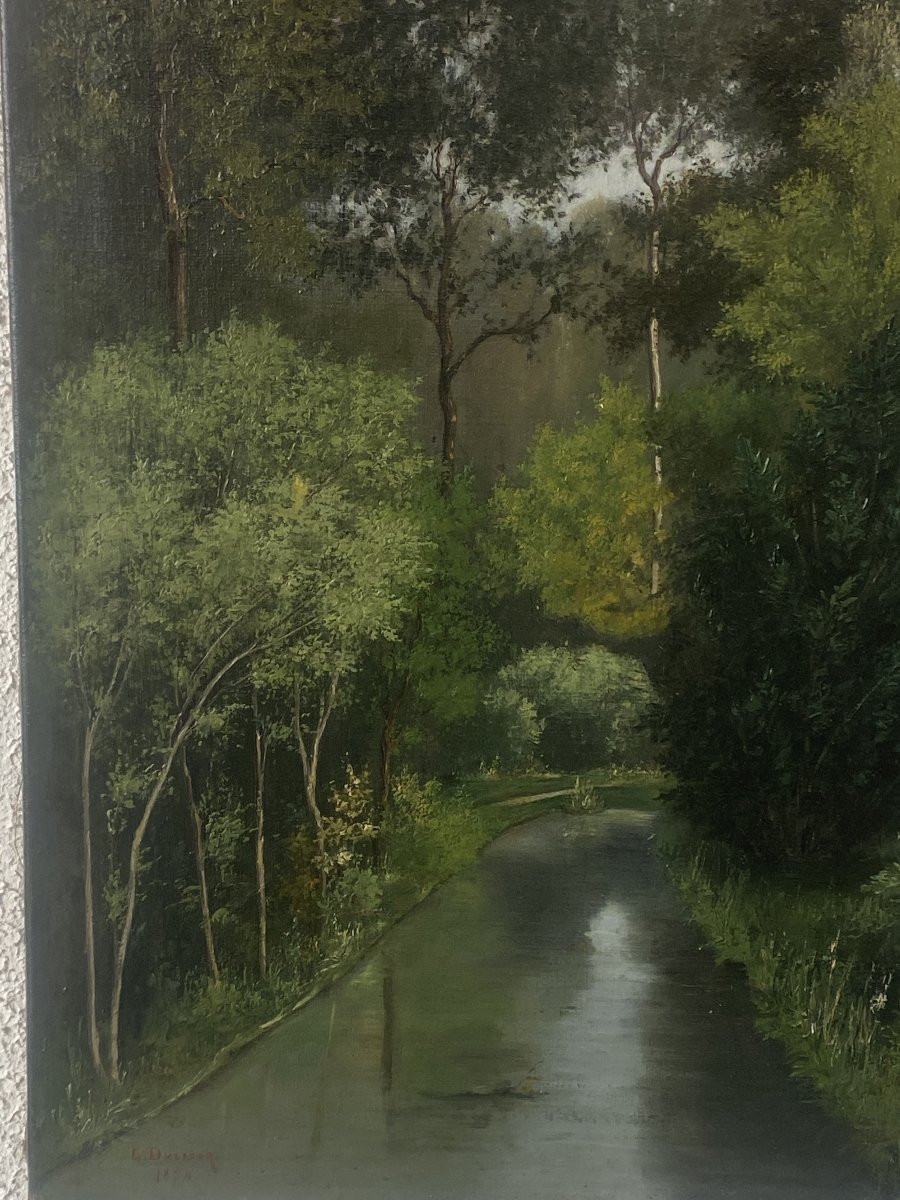 Huile sur toile, cours d'eau en sous bois, signé Ducrocq 1874-photo-2
