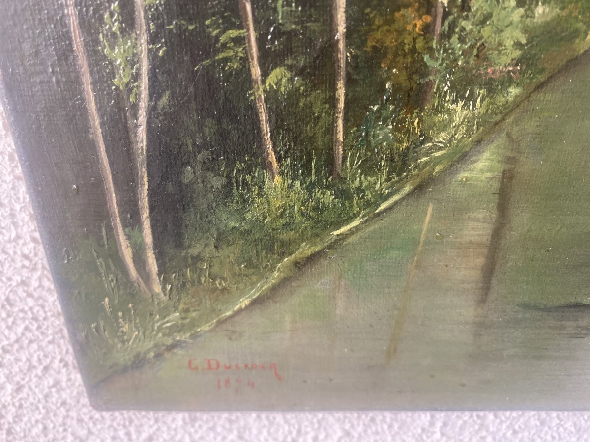 Huile sur toile, cours d'eau en sous bois, signé Ducrocq 1874-photo-6