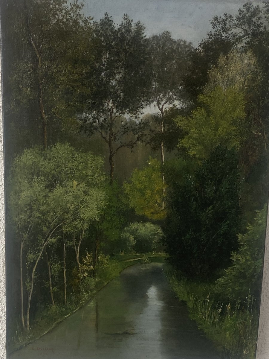 Huile sur toile, cours d'eau en sous bois, signé Ducrocq 1874-photo-7
