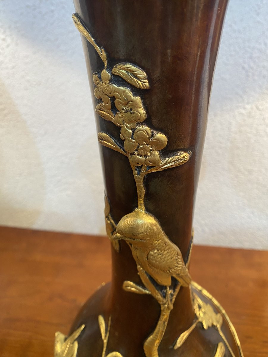 Chinese Bronze Vase Decorated With Birds Perched On Branches, Gilded With Fine Gold. Excellent Condition-photo-4