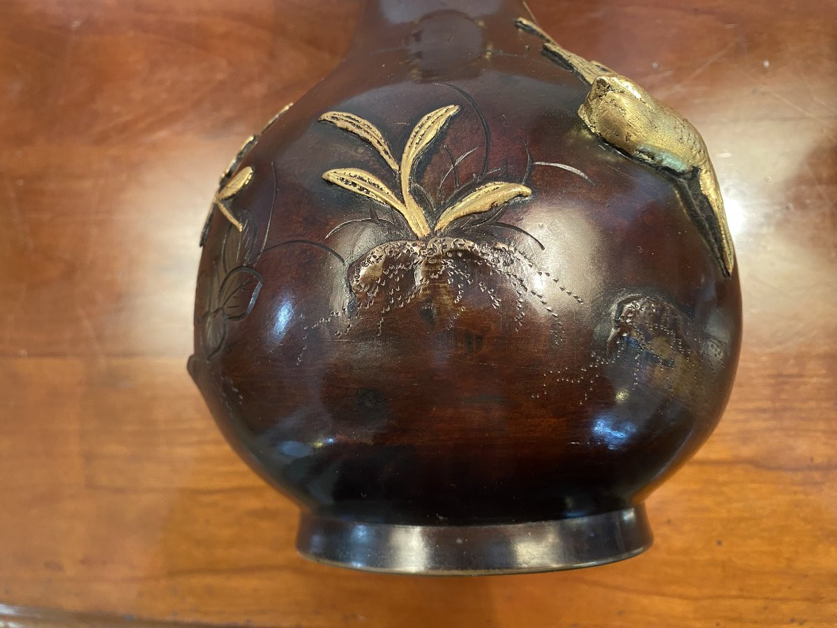 Chinese Bronze Vase Decorated With Birds Perched On Branches, Gilded With Fine Gold. Excellent Condition-photo-8