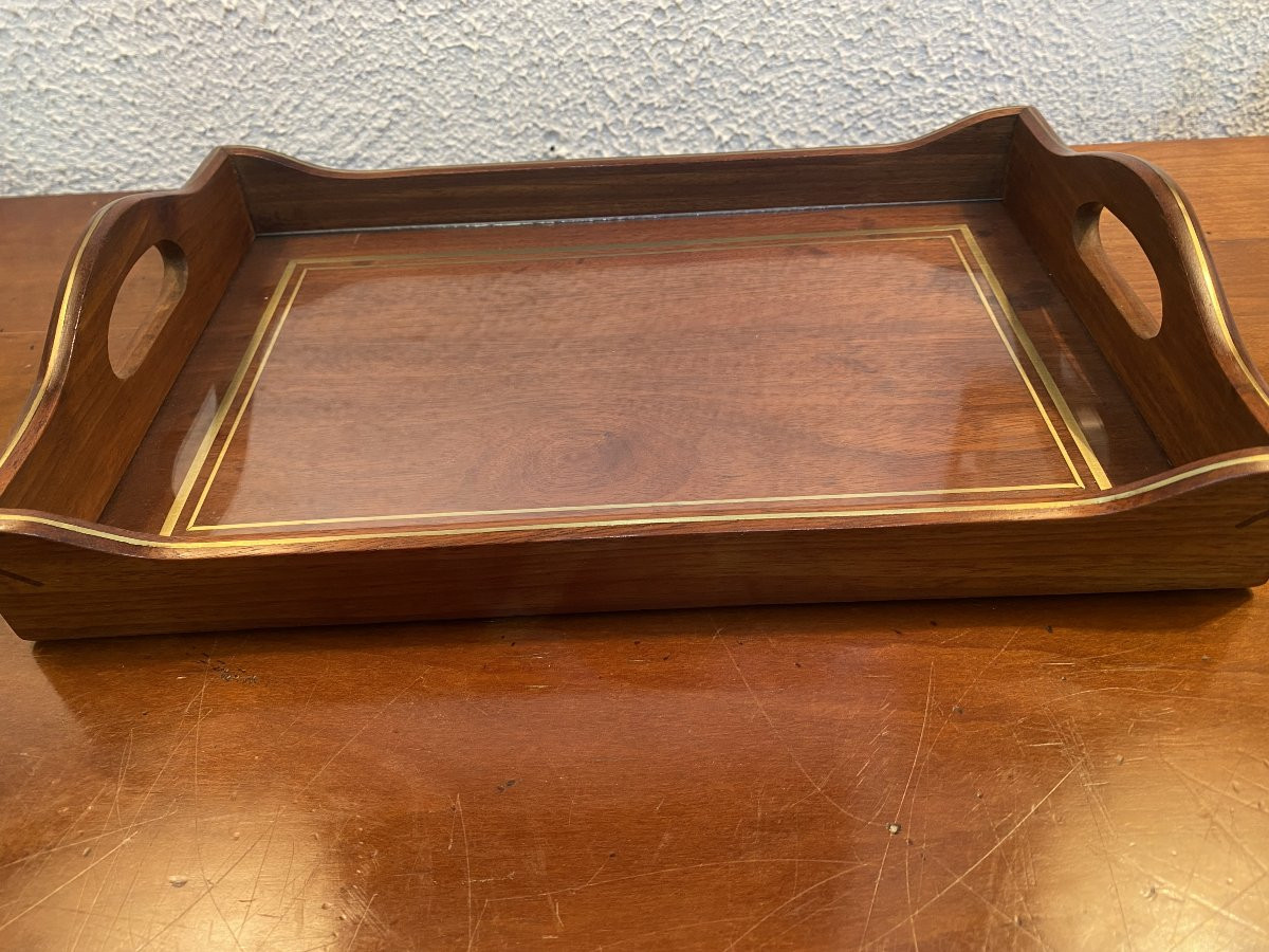 Petit plateau en acajou massif avec incrustation de filets de laiton-photo-2