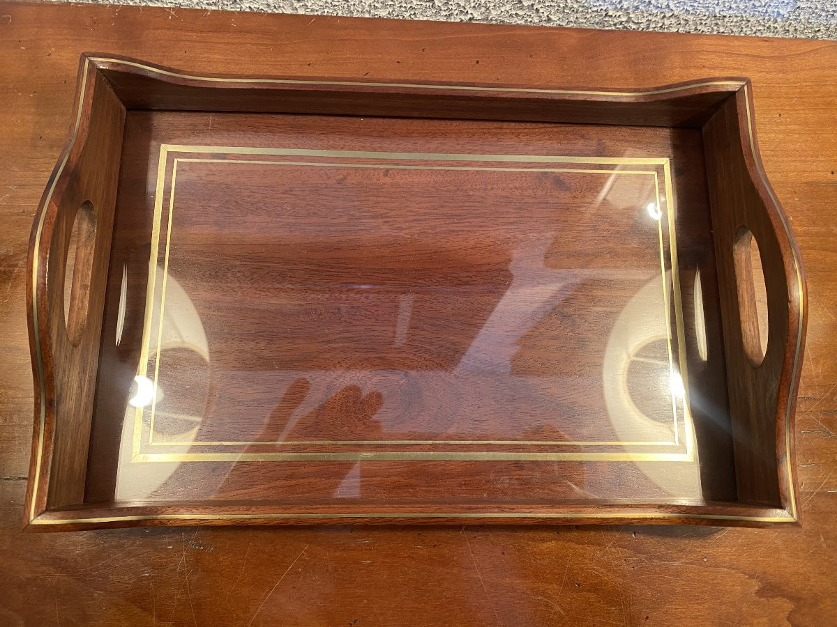 Petit plateau en acajou massif avec incrustation de filets de laiton-photo-4