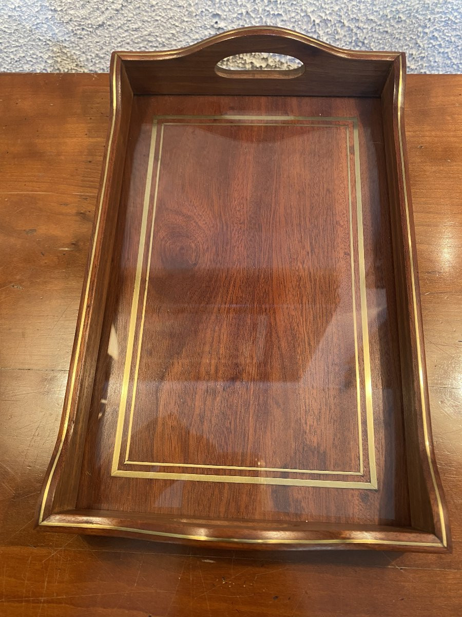 Petit plateau en acajou massif avec incrustation de filets de laiton-photo-5