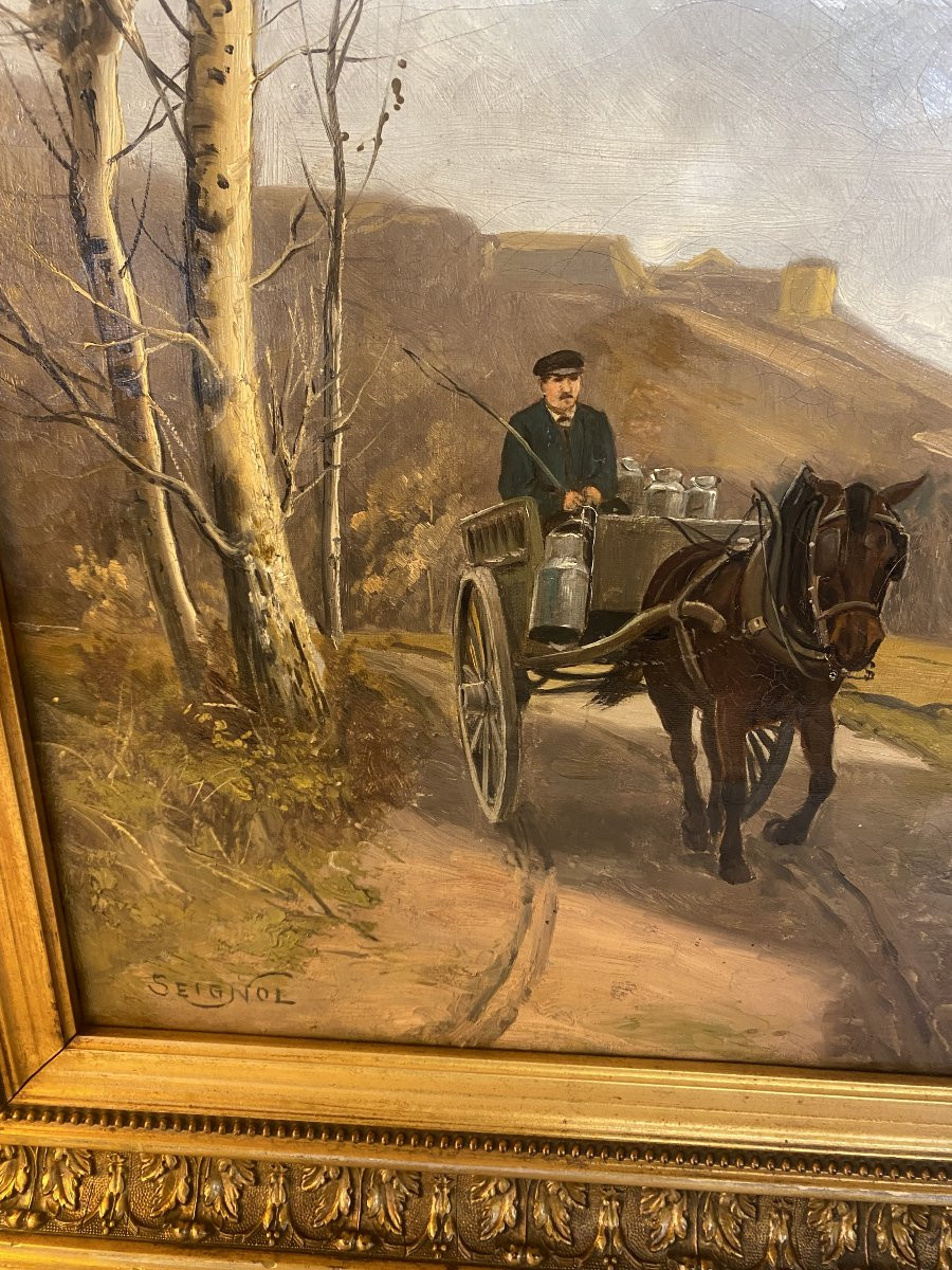 Huile sur toile signé Claudius Seignol. Scêne de la vie rurale, " le laitier "-photo-2