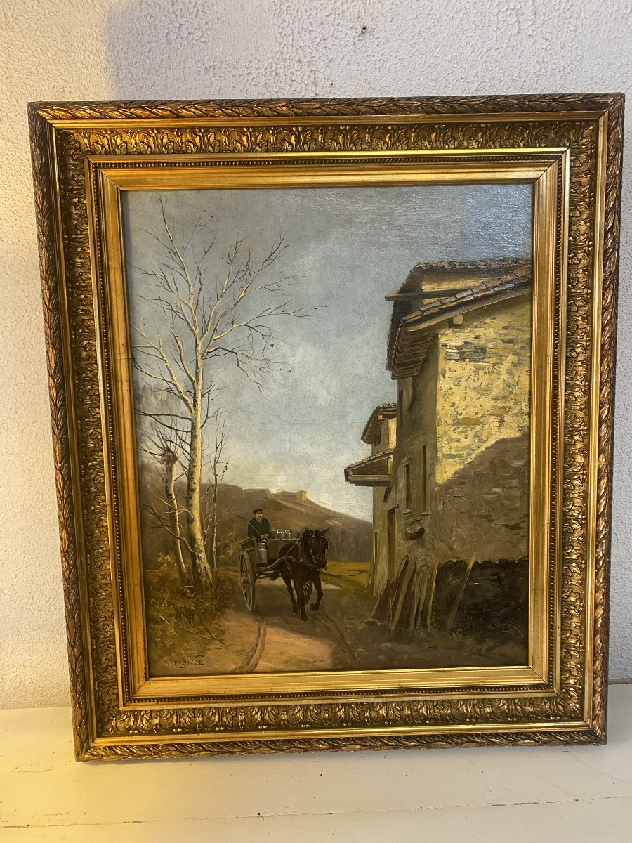 Huile sur toile signé Claudius Seignol. Scêne de la vie rurale, " le laitier "